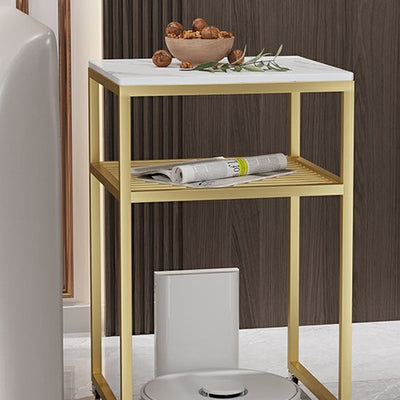 Contemporary Scandinavian Sintered Stone Iron Mobile Square Side Table 2-Tier For Living Room