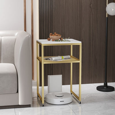 Contemporary Scandinavian Sintered Stone Iron Mobile Square Side Table 2-Tier For Living Room