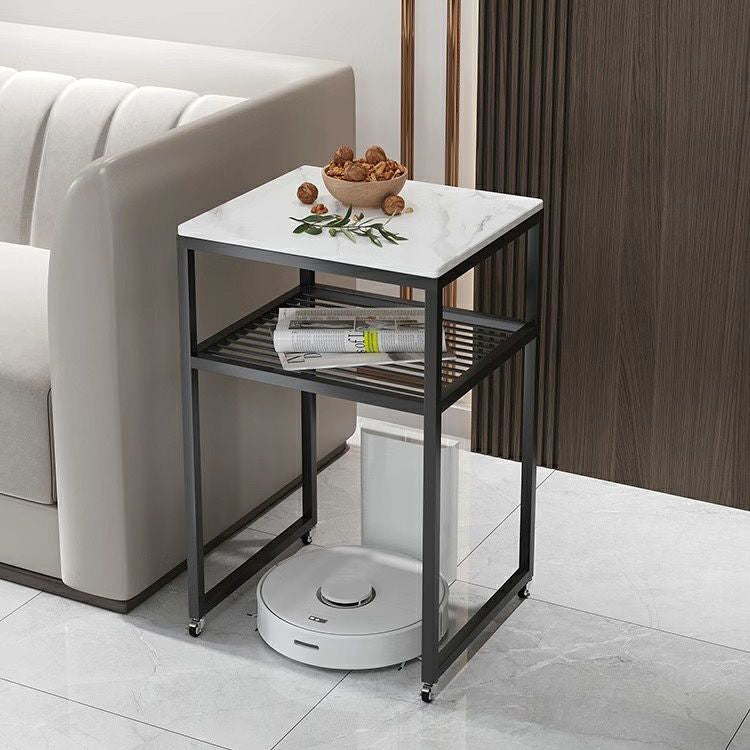 Contemporary Scandinavian Sintered Stone Iron Mobile Square Side Table 2-Tier For Living Room