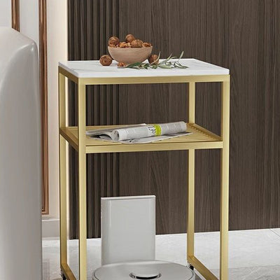 Contemporary Scandinavian Sintered Stone Iron Mobile Square Side Table 2-Tier For Living Room