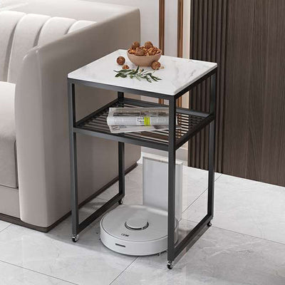 Contemporary Scandinavian Sintered Stone Iron Mobile Square Side Table 2-Tier For Living Room