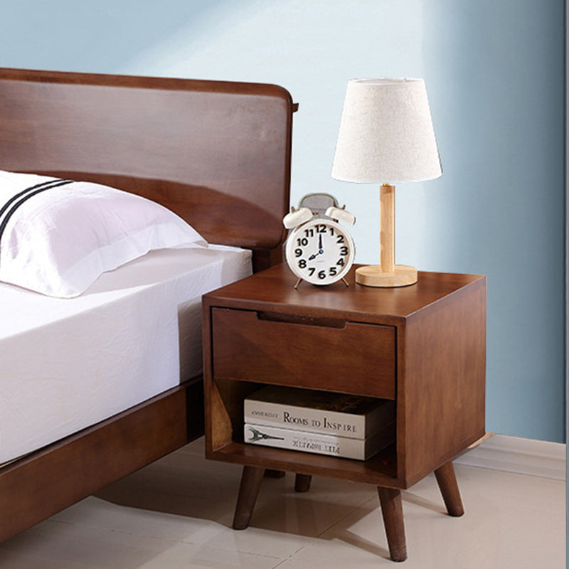 Traditional Chinese Rubberwood Square Angled-Leg Nightstand 1-Drawer For Bedroom