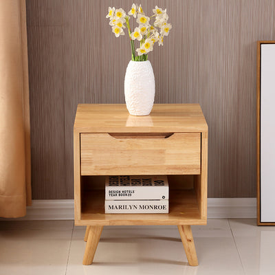 Traditional Chinese Rubberwood Square Angled-Leg Nightstand 1-Drawer For Bedroom