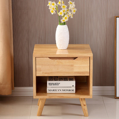 Traditional Chinese Rubberwood Square Angled-Leg Nightstand 1-Drawer For Bedroom