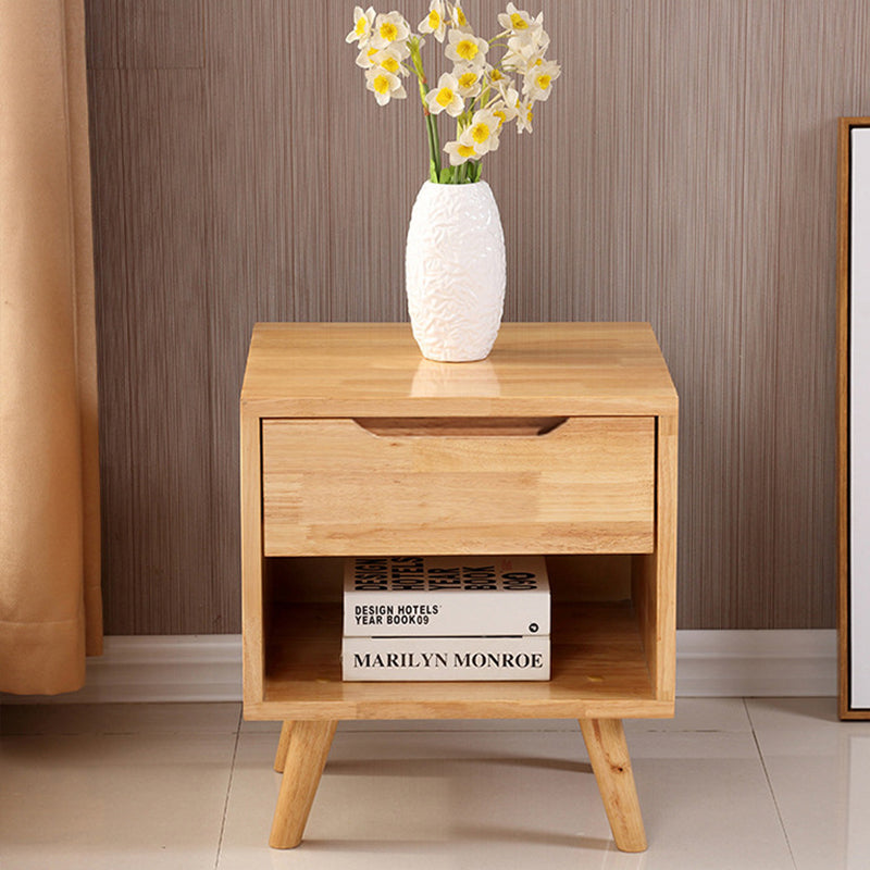 Traditional Chinese Rubberwood Square Angled-Leg Nightstand 1-Drawer For Bedroom