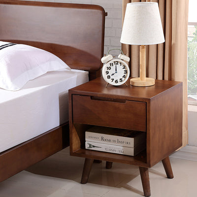 Traditional Chinese Rubberwood Square Angled-Leg Nightstand 1-Drawer For Bedroom