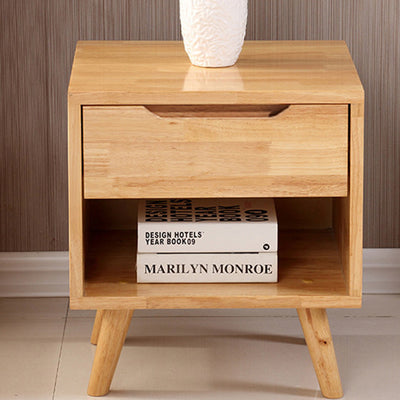 Traditional Chinese Rubberwood Square Angled-Leg Nightstand 1-Drawer For Bedroom