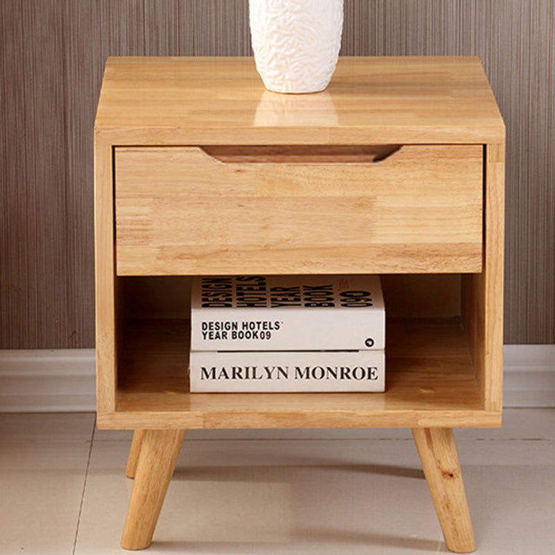 Traditional Chinese Rubberwood Square Angled-Leg Nightstand 1-Drawer For Bedroom