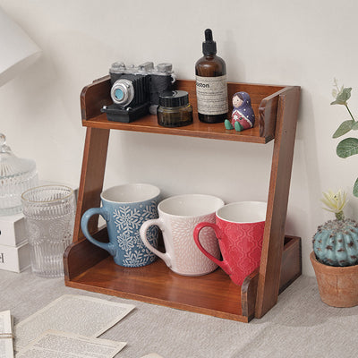 Traditional Japanese Solid Wood Z-Shaped Rectangular Bookshelf 2-Tier For Bedroom