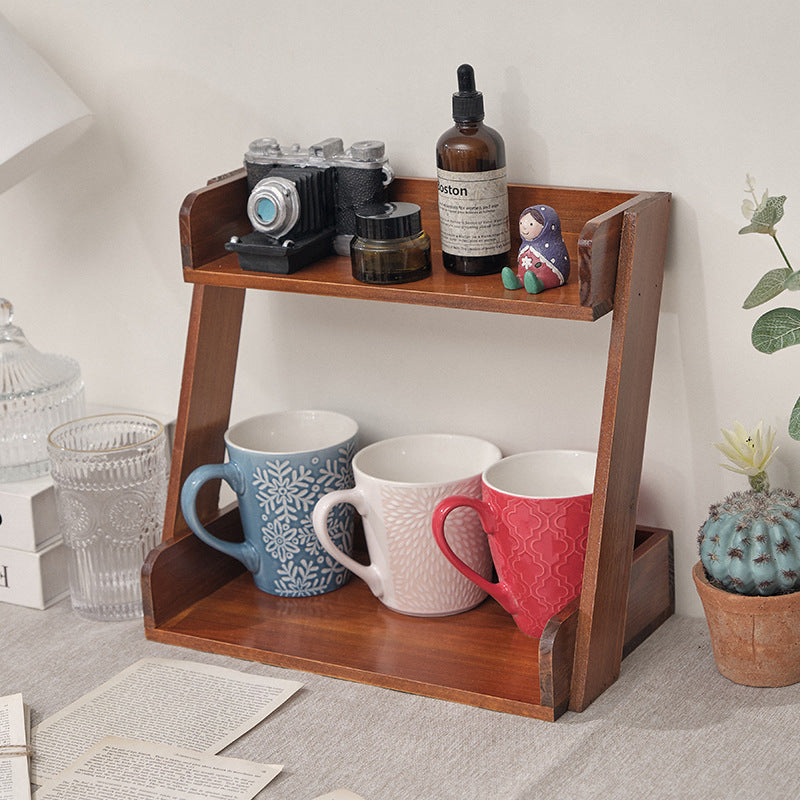 Traditional Japanese Solid Wood Z-Shaped Rectangular Bookshelf 2-Tier For Bedroom