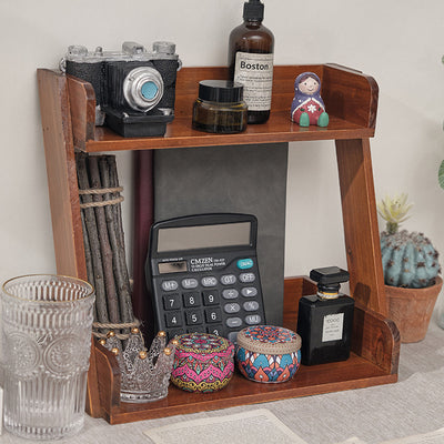 Traditional Japanese Solid Wood Z-Shaped Rectangular Bookshelf 2-Tier For Bedroom