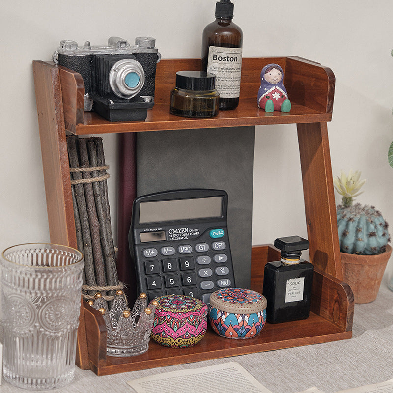 Traditional Japanese Solid Wood Z-Shaped Rectangular Bookshelf 2-Tier For Bedroom