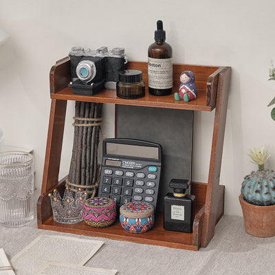 Traditional Japanese Solid Wood Z-Shaped Rectangular Bookshelf 2-Tier For Bedroom