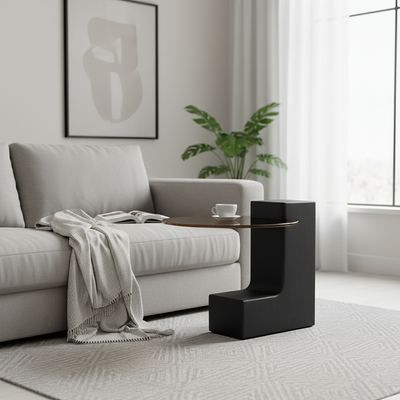 Traditional French Tempered Glass Solid Wood Round L-Shaped End Table With 1 Tier For Living Room