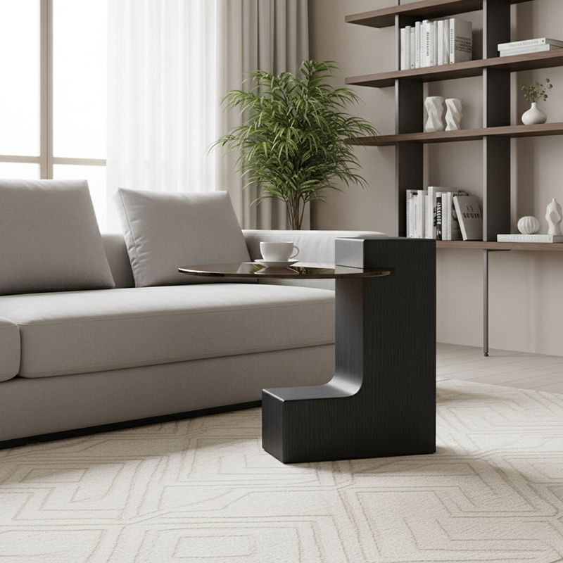 Traditional French Tempered Glass Solid Wood Round L-Shaped End Table With 1 Tier For Living Room