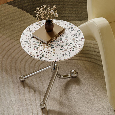 Traditional French Terrazzo Stainless Steel Round Curved End Table 1-Tier For Living Room