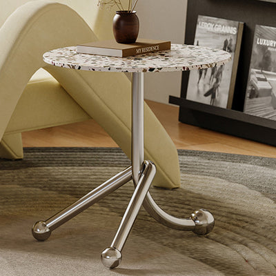 Traditional French Terrazzo Stainless Steel Round Curved End Table 1-Tier For Living Room