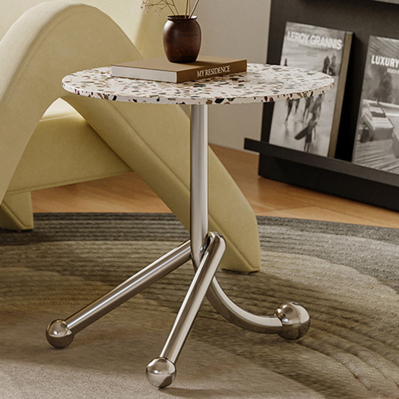 Traditional French Terrazzo Stainless Steel Round Curved End Table 1-Tier For Living Room