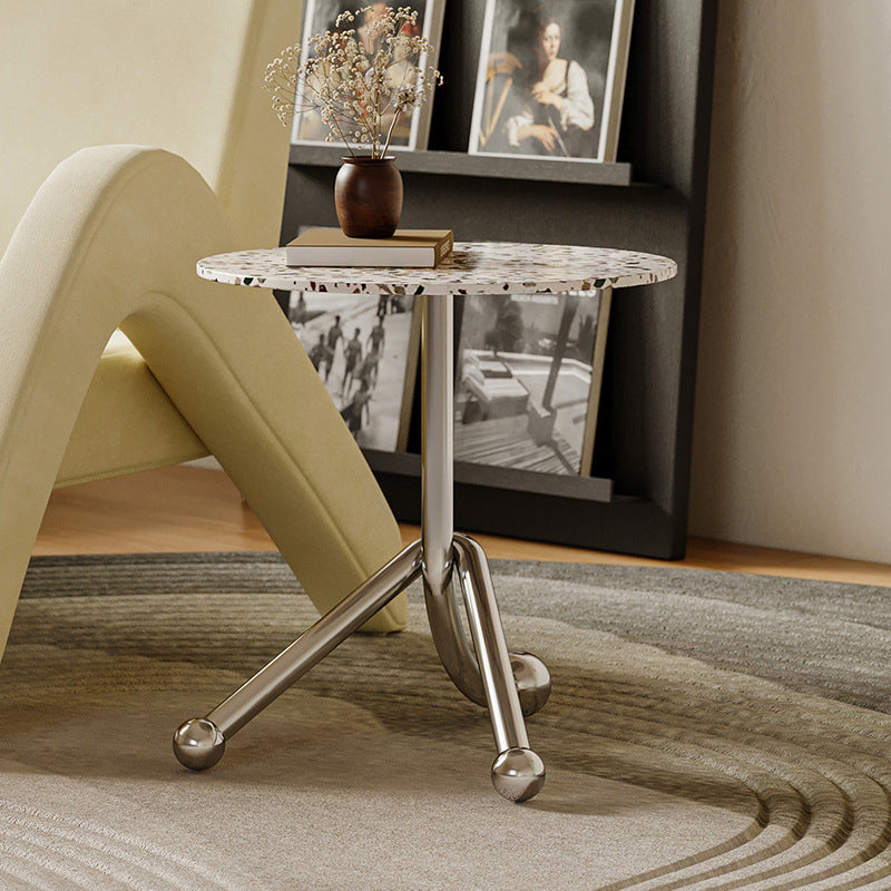 Traditional French Terrazzo Stainless Steel Round Curved End Table 1-Tier For Living Room