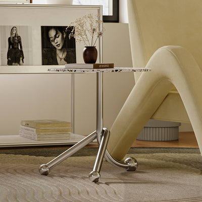 Traditional French Terrazzo Stainless Steel Round Curved End Table 1-Tier For Living Room