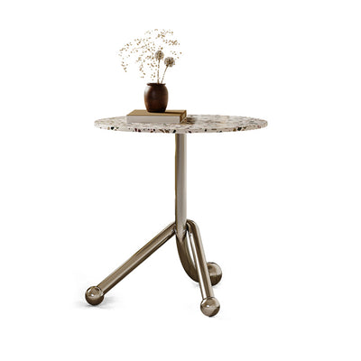 Traditional French Terrazzo Stainless Steel Round Curved End Table 1-Tier For Living Room