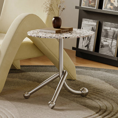 Traditional French Terrazzo Stainless Steel Round Curved End Table 1-Tier For Living Room