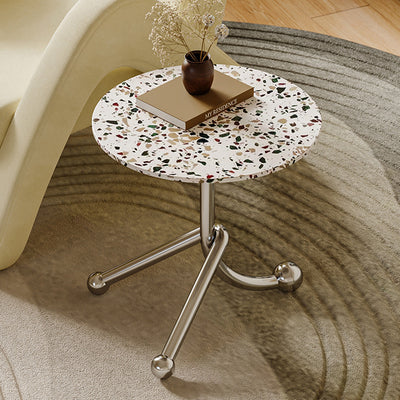 Traditional French Terrazzo Stainless Steel Round Curved End Table 1-Tier For Living Room