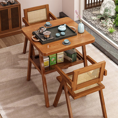 Traditional Japanese Solid Wood Rattan Square Eight-Leg Coffee Table With 2-Tier For Living Room