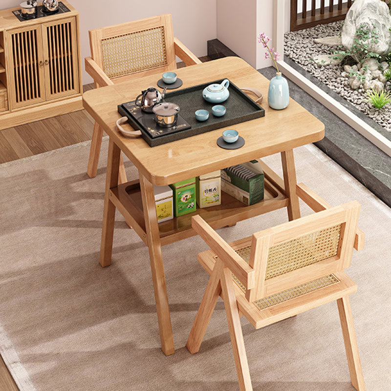 Traditional Japanese Solid Wood Rattan Square Eight-Leg Coffee Table With 2-Tier For Living Room