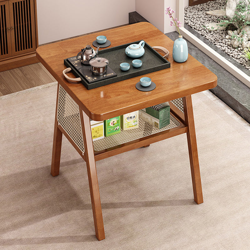 Traditional Japanese Solid Wood Rattan Square Eight-Leg Coffee Table With 2-Tier For Living Room