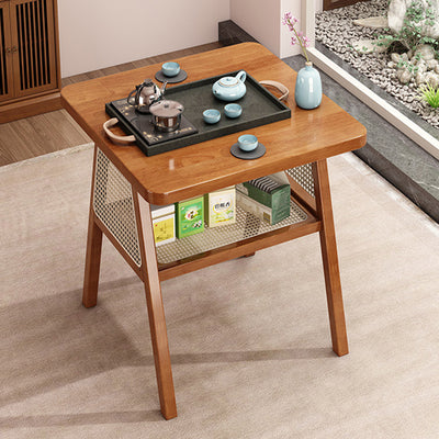 Traditional Japanese Solid Wood Rattan Square Eight-Leg Coffee Table With 2-Tier For Living Room