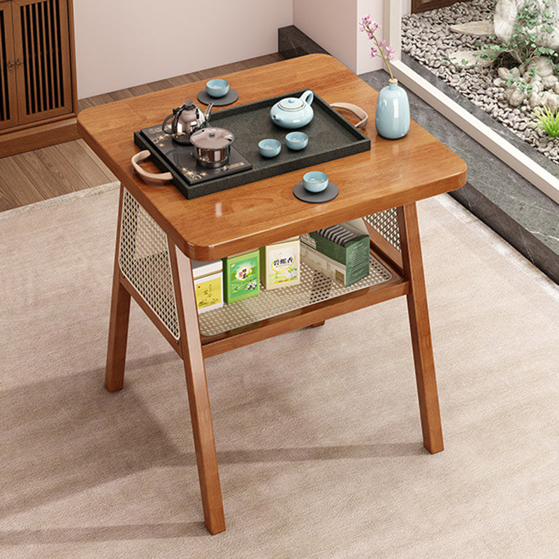 Traditional Japanese Solid Wood Rattan Square Eight-Leg Coffee Table With 2-Tier For Living Room