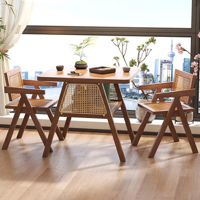 Traditional Japanese Solid Wood Rattan Square Eight-Leg Coffee Table With 2-Tier For Living Room