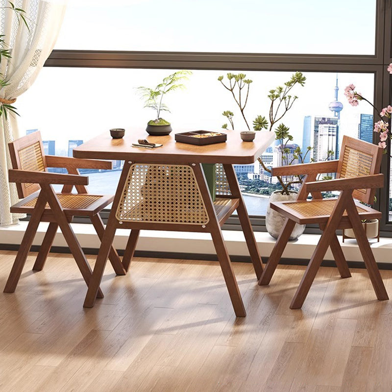 Traditional Japanese Solid Wood Rattan Square Eight-Leg Coffee Table With 2-Tier For Living Room