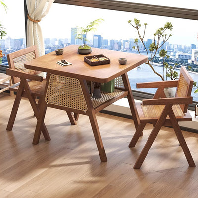 Traditional Japanese Solid Wood Rattan Square Eight-Leg Coffee Table With 2-Tier For Living Room