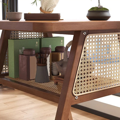 Traditional Japanese Solid Wood Rattan Square Eight-Leg Coffee Table With 2-Tier For Living Room