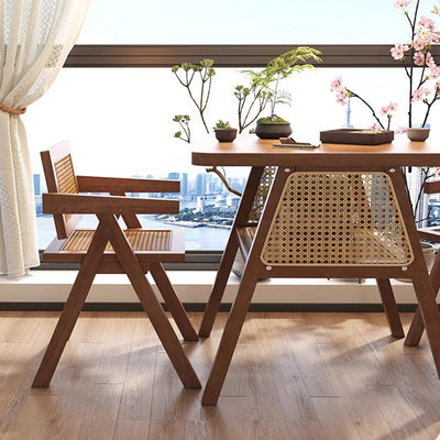 Traditional Japanese Solid Wood Rattan Square Eight-Leg Coffee Table With 2-Tier For Living Room