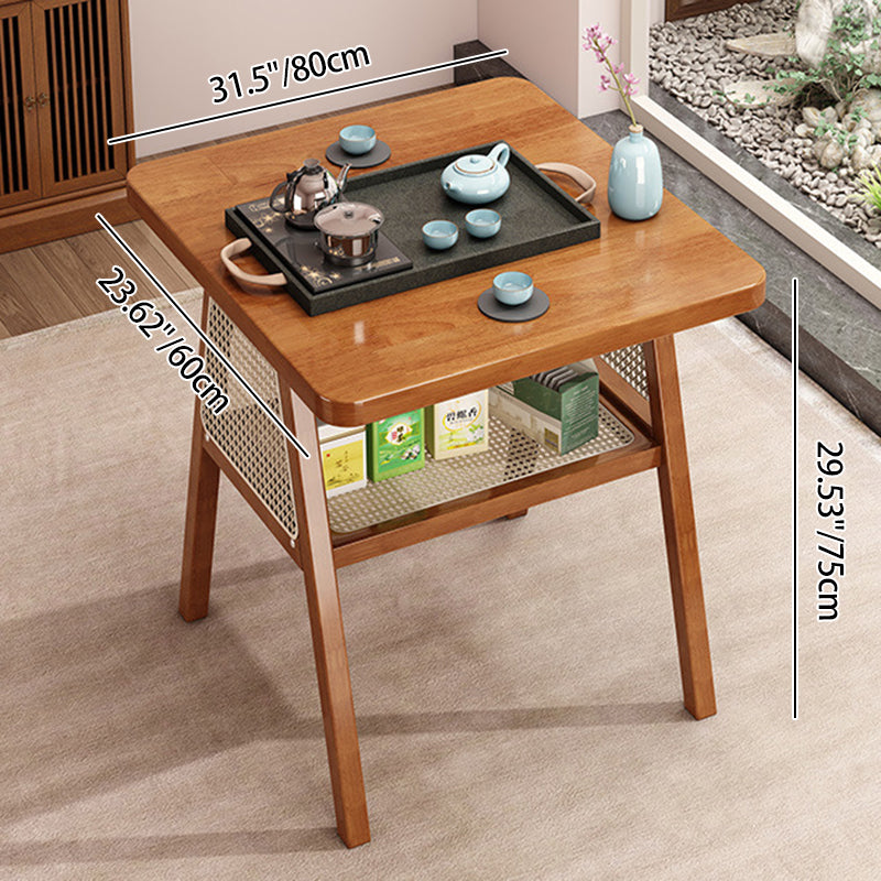 Traditional Japanese Solid Wood Rattan Square Eight-Leg Coffee Table With 2-Tier For Living Room