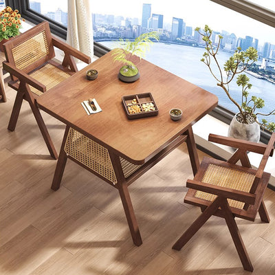 Traditional Japanese Solid Wood Rattan Square Eight-Leg Coffee Table With 2-Tier For Living Room