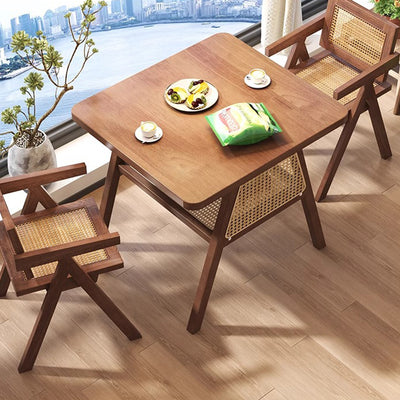 Traditional Japanese Solid Wood Rattan Square Eight-Leg Coffee Table With 2-Tier For Living Room