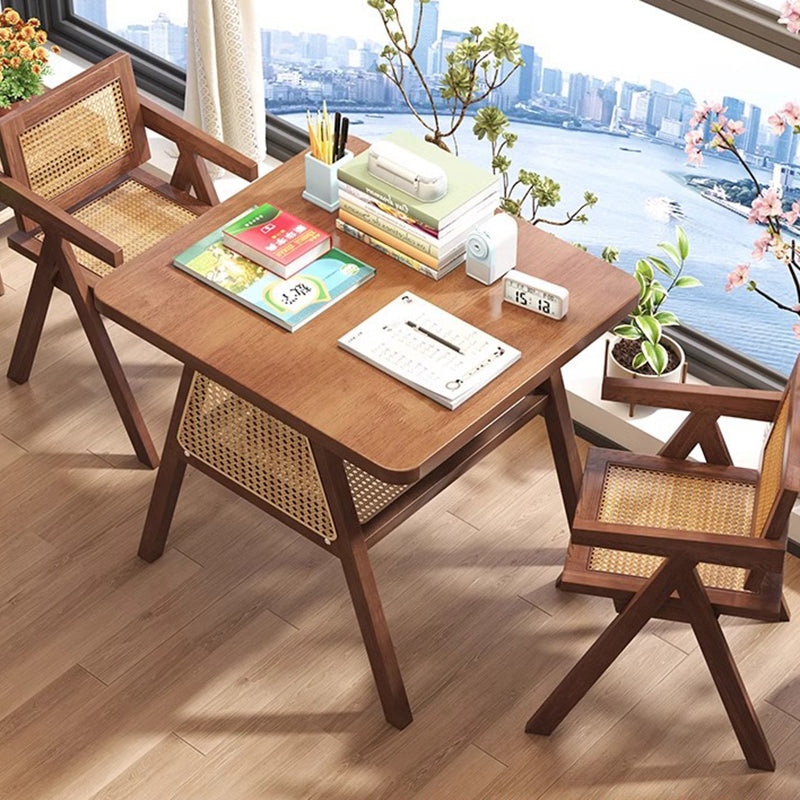 Traditional Japanese Solid Wood Rattan Square Eight-Leg Coffee Table With 2-Tier For Living Room