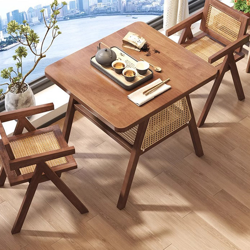 Traditional Japanese Solid Wood Rattan Square Eight-Leg Coffee Table With 2-Tier For Living Room