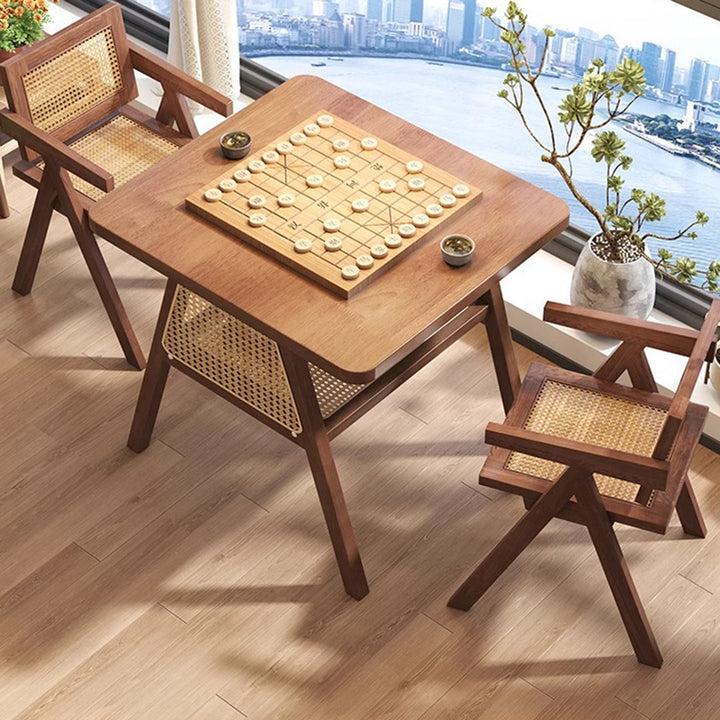Traditioneller japanischer Couchtisch aus massivem Holz und Rattan mit quadratischen acht Beinen und 2 Ebenen für das Wohnzimmer 