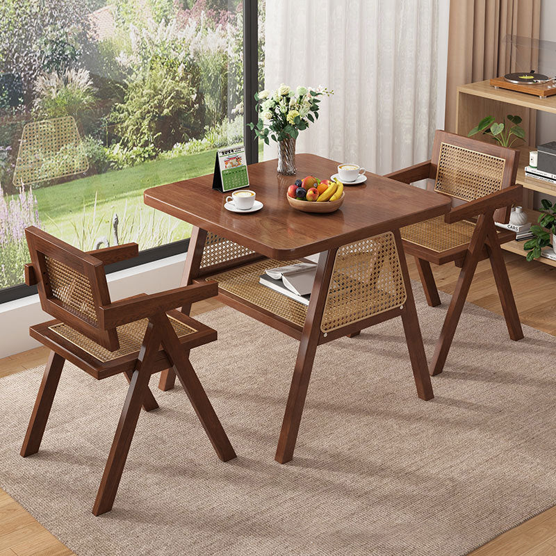 Traditional Japanese Solid Wood Rattan Square Eight-Leg Coffee Table With 2-Tier For Living Room