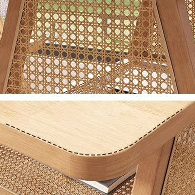 Traditional Japanese Solid Wood Rattan Square Eight-Leg Coffee Table With 2-Tier For Living Room