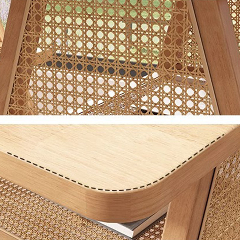 Traditional Japanese Solid Wood Rattan Square Eight-Leg Coffee Table With 2-Tier For Living Room