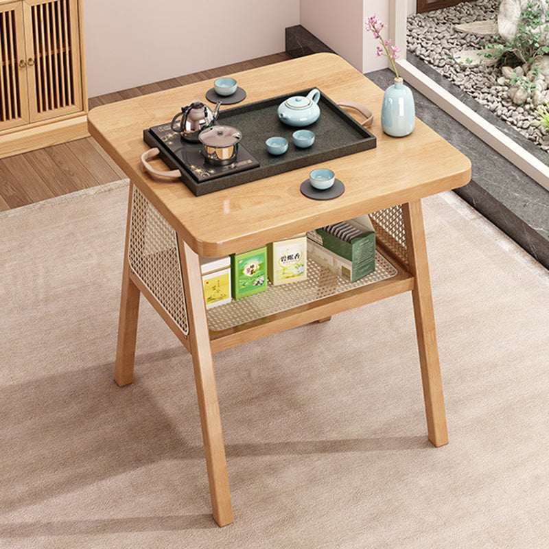 Traditional Japanese Solid Wood Rattan Square Eight-Leg Coffee Table With 2-Tier For Living Room