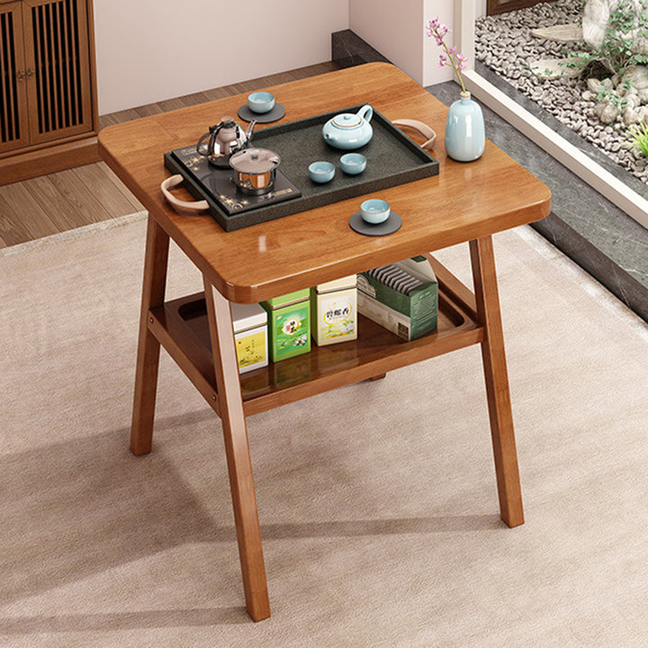Traditioneller japanischer Couchtisch aus massivem Holz und Rattan mit quadratischen acht Beinen und 2 Ebenen für das Wohnzimmer 