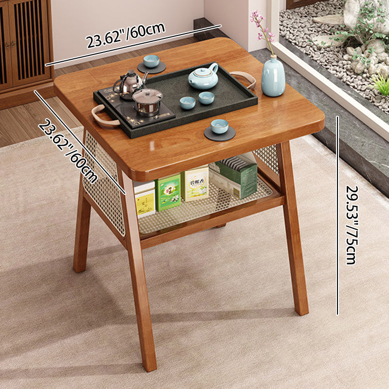 Traditional Japanese Solid Wood Rattan Square Eight-Leg Coffee Table With 2-Tier For Living Room