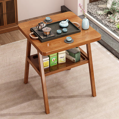 Traditional Japanese Solid Wood Rattan Square Eight-Leg Coffee Table With 2-Tier For Living Room